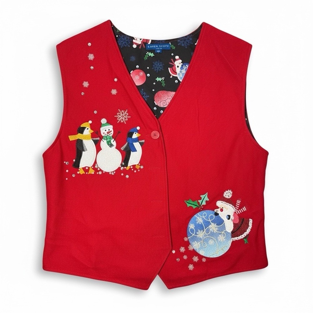 Karen Scott Sport Christmas Vest Red Embroidered‎ Snowman Santa XL NWT 34480